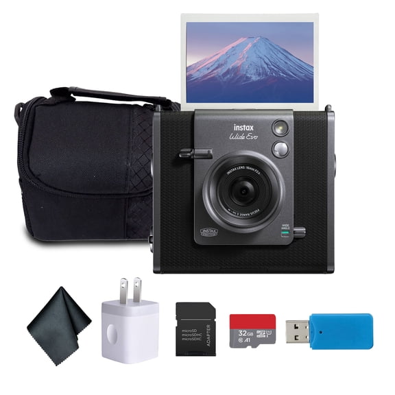 FUJIFILM INSTAX WIDE EVO Hybrid Instant Film Camera Bundle With Bag 32GB Memory Card USB Card Reader, SD/microSD SD Adapter Charging Adapter Microfiber Cleaning Cloth