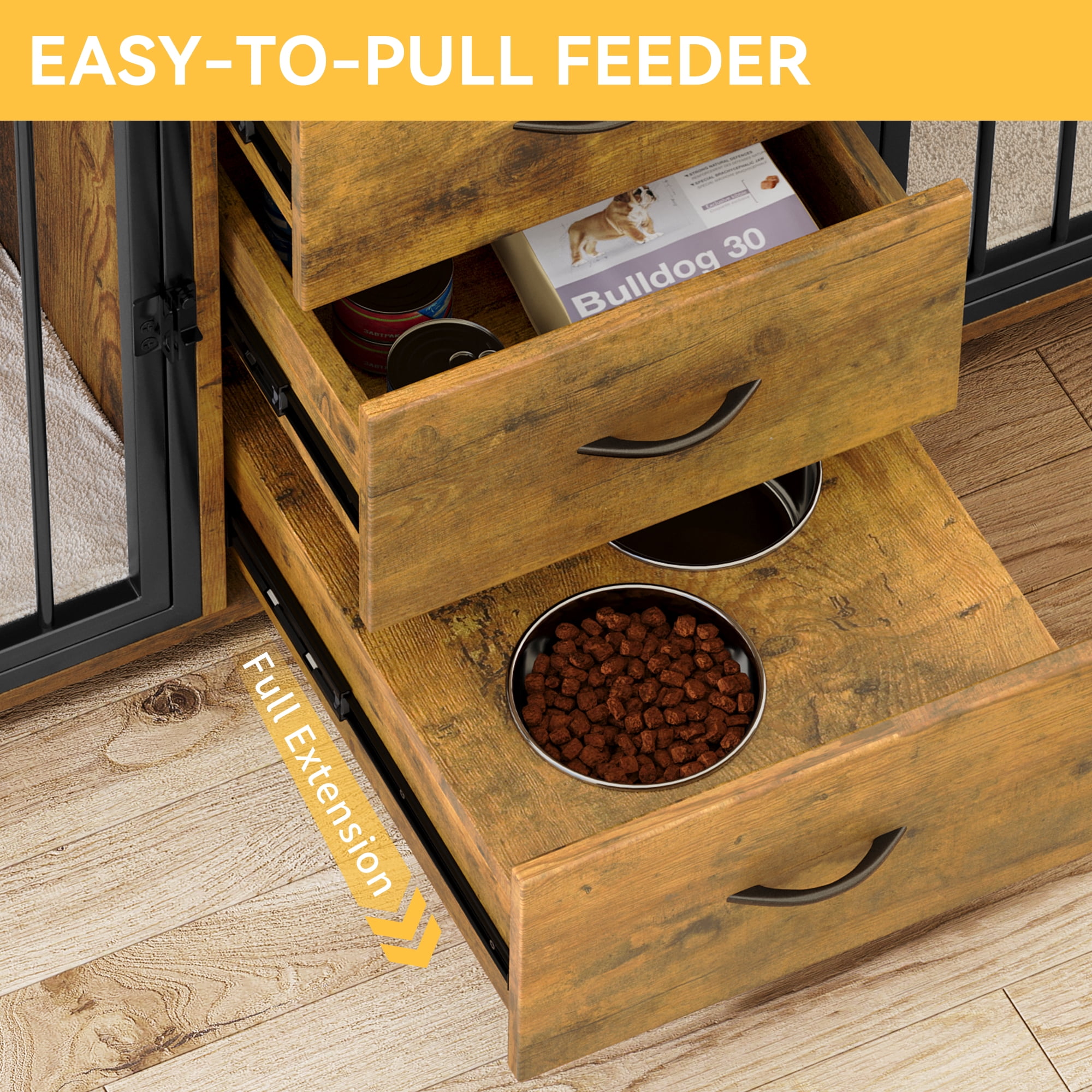 Dextrus 74" Large Double Dog Crate Kennel Furniture with Divider and 2 Drawers&2 Feeder Bowls,for 2 Medium or Large Dogs, Rustic Brown