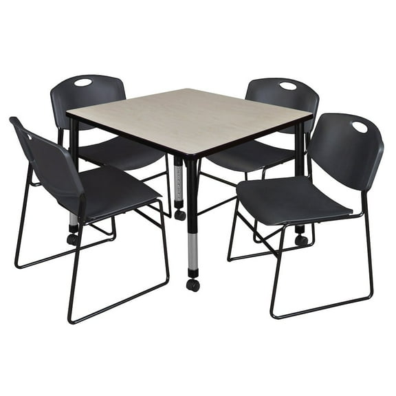 Regency 42 Square Mobile Adjustable Classroom Table- Maple & 4 Zeng Stack Chairs- Black