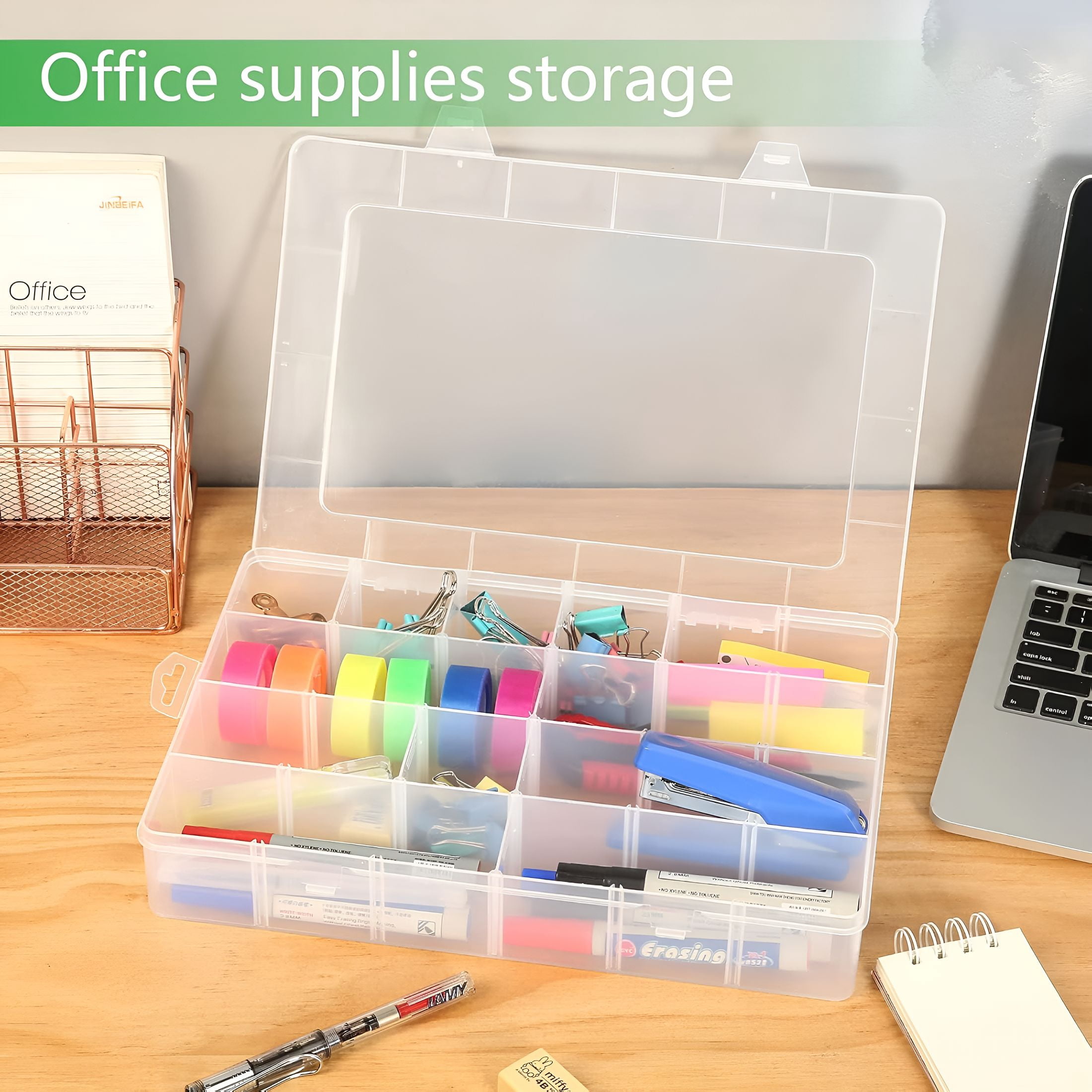 XIBUFE Large 24 Grids Plastic Organizer Box Adjustable Dividers,Clear Storage Box for Jewelry,Art Diy Crafts,Washi Tapes,Beads and Small Parts
