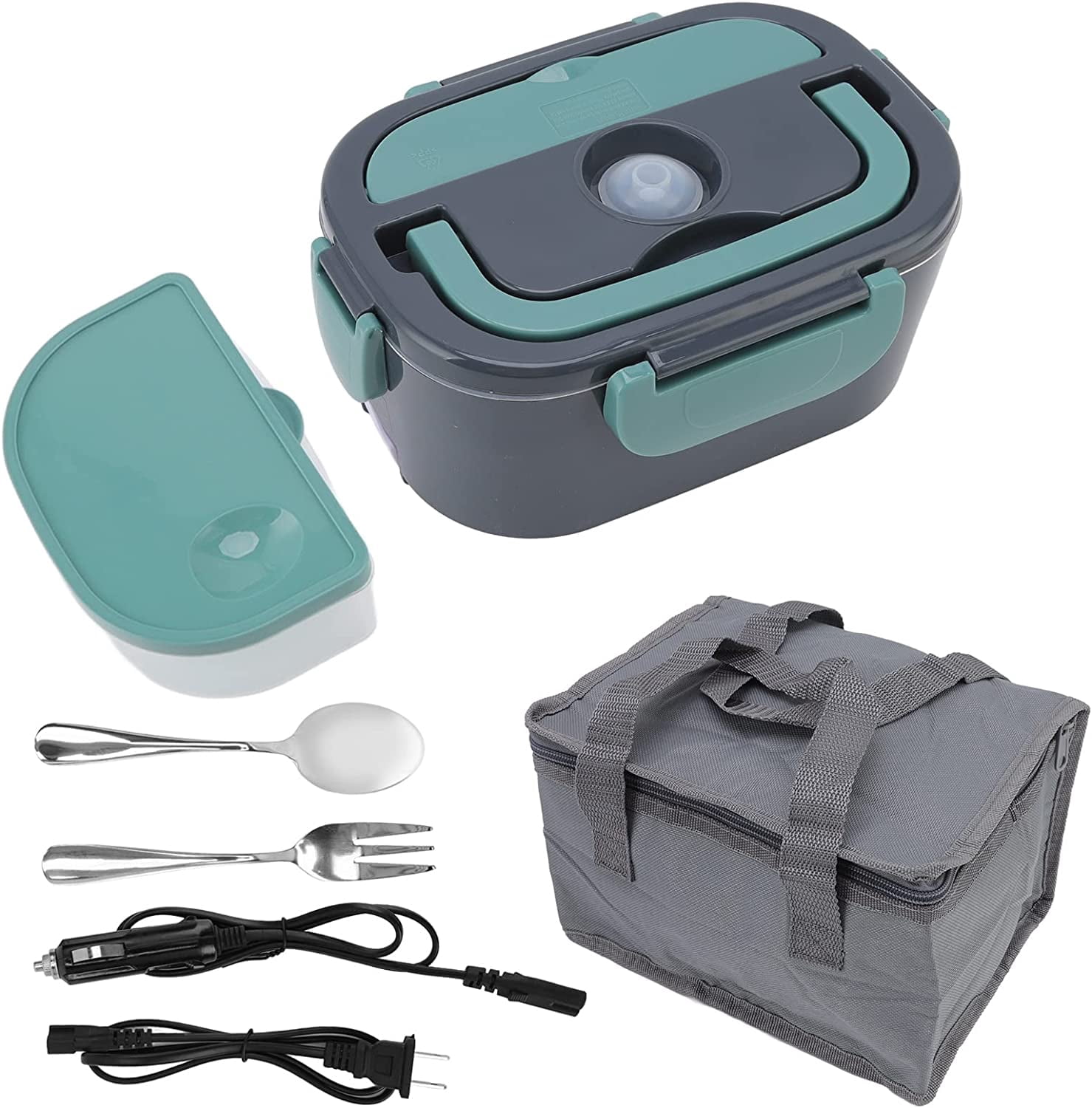 Carestrong Electric-Lunch-Box-Heated-Food-Warmer 40W Heating Lunchbox for Adults 1.5L Portable Food Heater for Work/Car, 12V/24V/110-240V Portable Electric with Fork Spoon (black+Green)