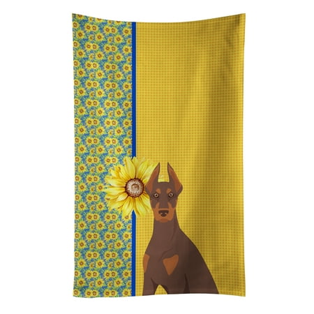 

Summer Sunflowers Red and Tan Doberman Pinscher Kitchen Towel 15 in x 25 in