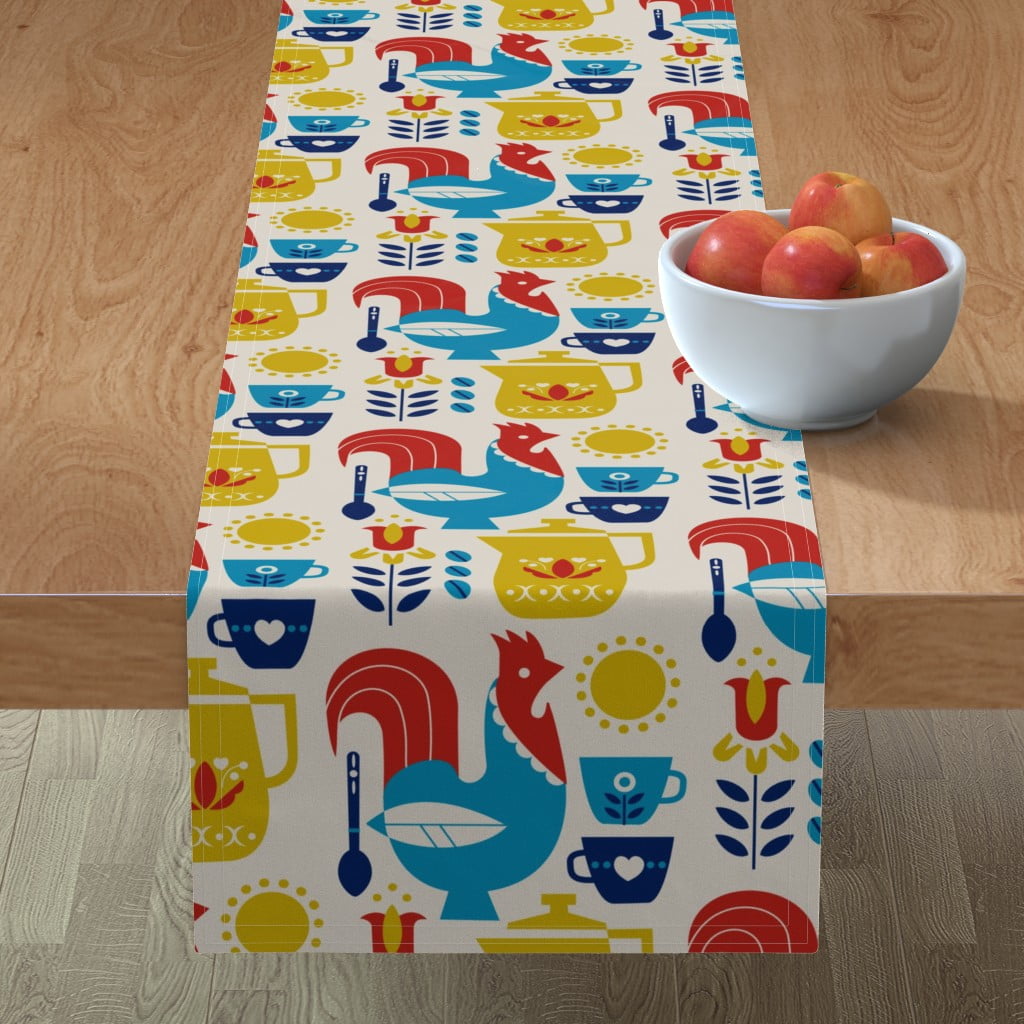 Table Runner Morning Coffee Breakfast Rooster Mug Sun Coffe Red Cotton