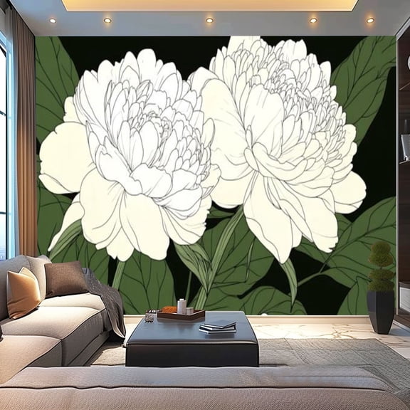 Peel and Stick Wallpaper Canvas Floral Green White Flowers Classic Floral Decorative Peony Flowers Modern Art Wall Mural Decor Self Adhesive and Removable 100in x 144in