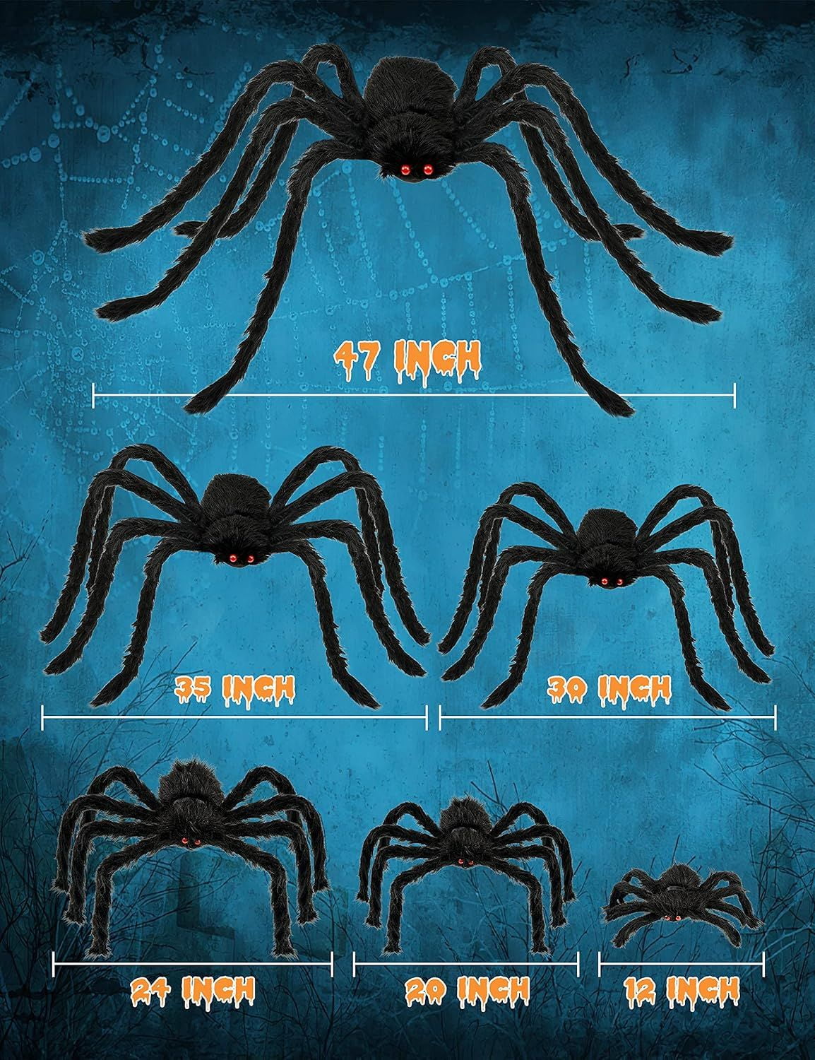 6 Pack Halloween Plush Spiders in Different Sizes for Outdoor and Indoor Decor