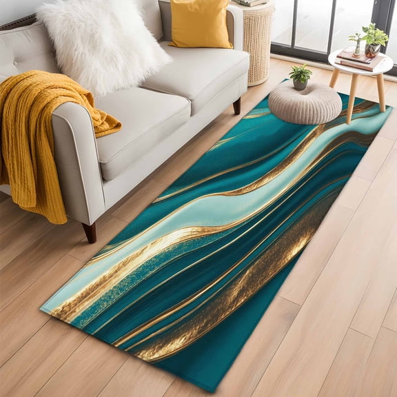 Teal Marble 2'x6' Runner Rugs for Hallway Kitchen Bedside Non Slip Washable, Modern Abstract Gold Fluid Art Entryway Rug Runners with Rubber Backing, Long Carpet Runner for Laundry Room
