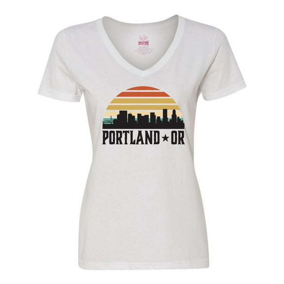 Inktastic Portland Oregon Skyline Retro Sunset Women's V-Neck T-Shirt