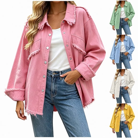 Zefriona Womens Fringe Denim Jacket Long Sleeve Button Front Jean Coat Top Pink Size L