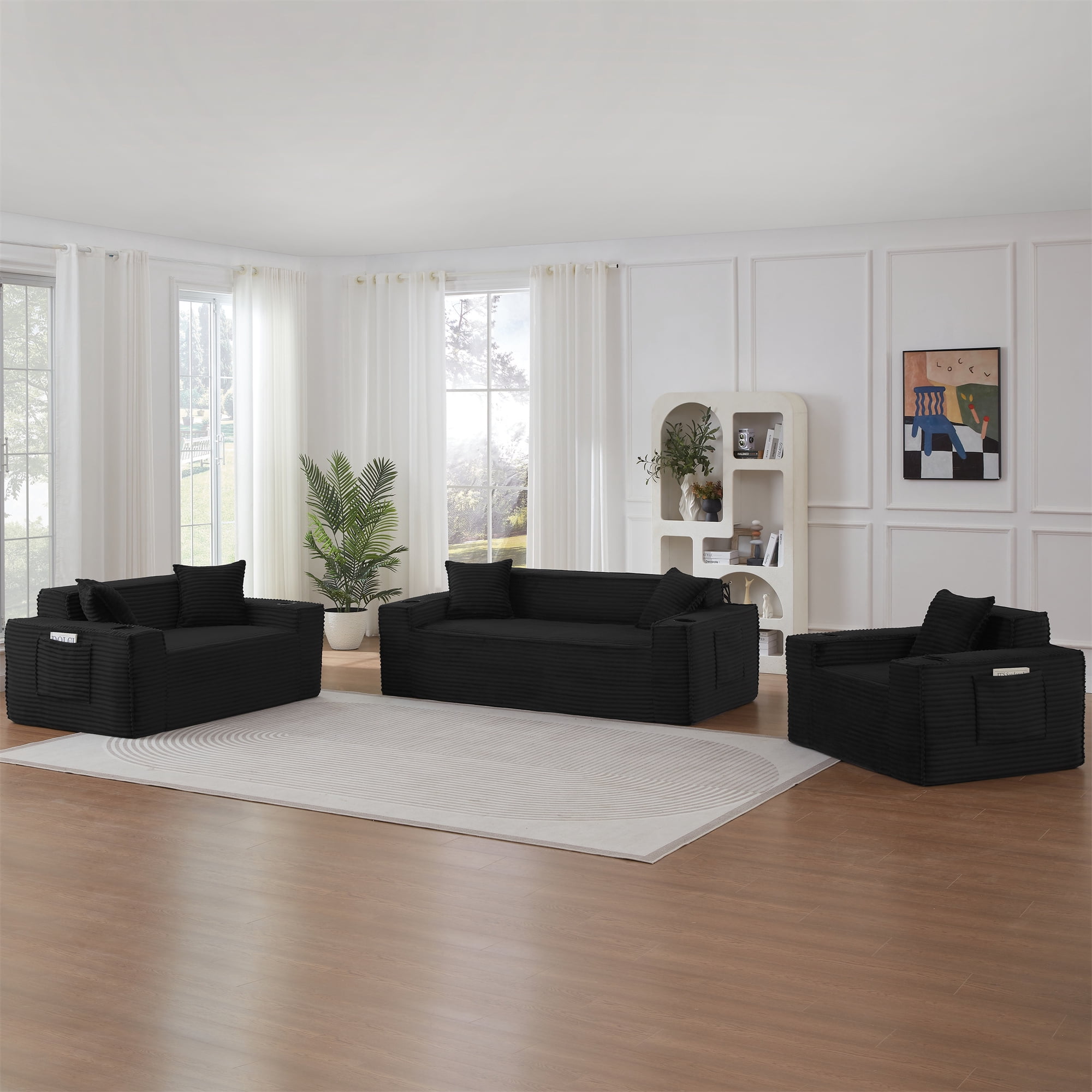 Aukfa 3 Piece Sofa Set - 61" Deep Seat Boneless Couch Loveseat w/ 2 Cup Holders&Side Pockets, Black