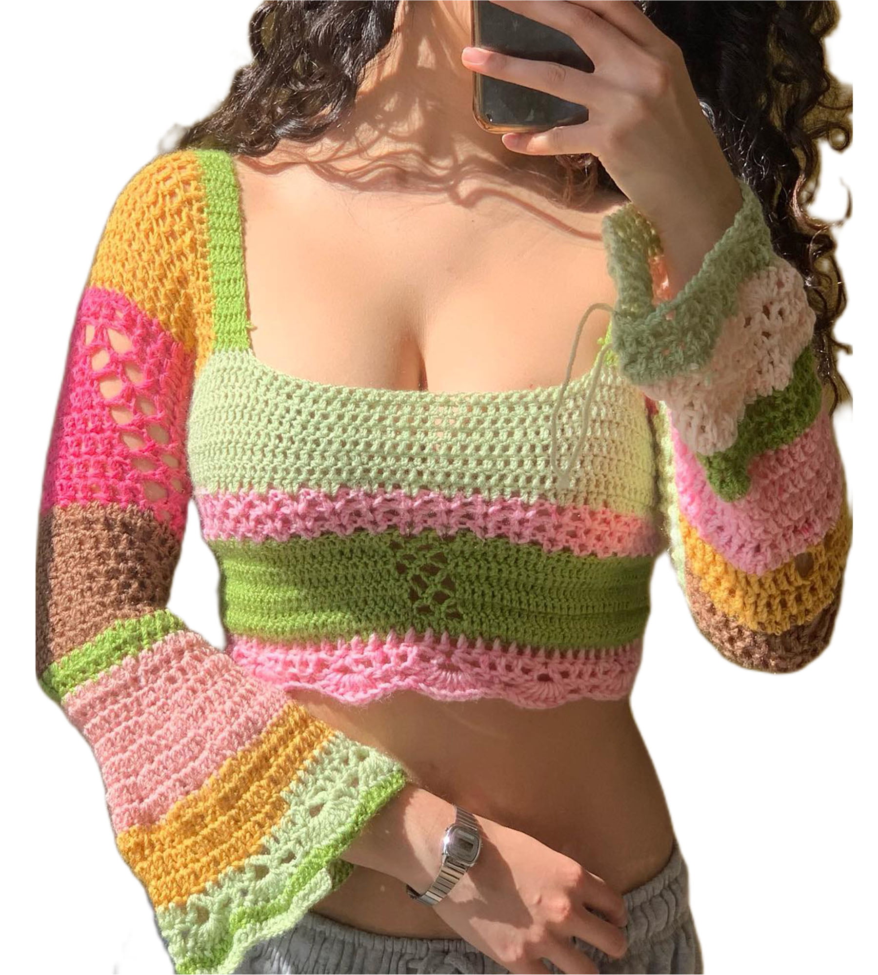Calsunbaby Vintage Harajuku Y2k Crop Top Women Crochet Knit Tshirt 