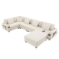 Modern U Shaped Sectional Sofa, 6 Seat Chenille Upholstered Modular Couch With Movable Ottoman, Hidden Armrest Storage, Cup Holders and USB Charging Ports