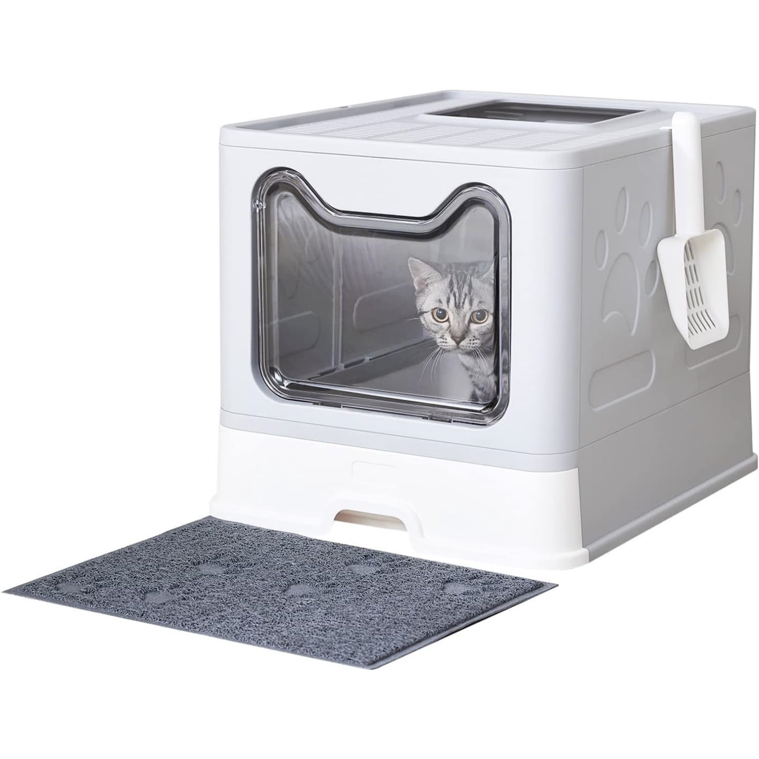 Cat Litter Box with Litter Mat and Scoop, Large Foldable Litter Box with Lid, Front Entry Top Exit Kitty Box, Odor Control, Easy to Clean (Grey)