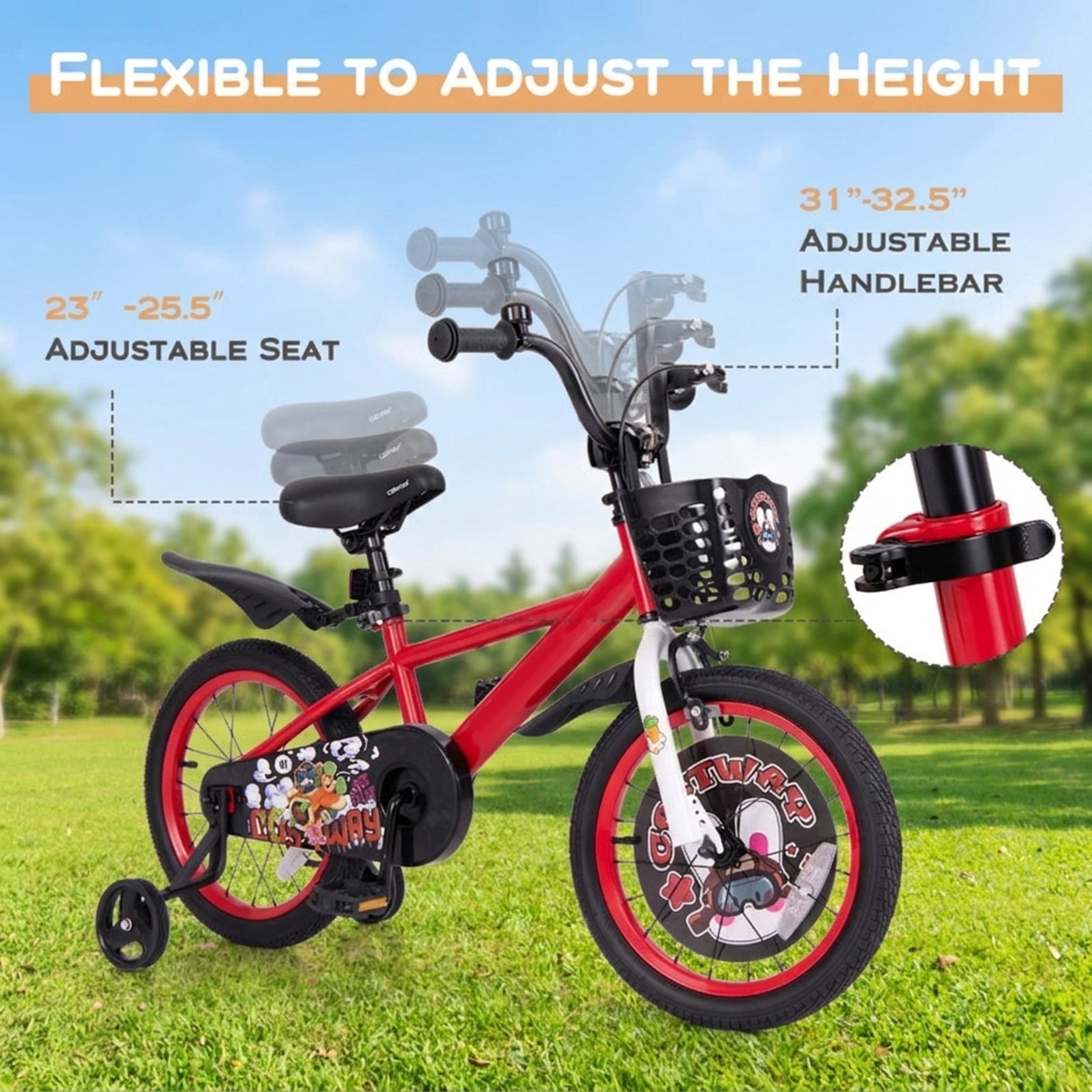 Redsmile Kids Bike 16 Inch with Training Wheels for Boys Girls Ages 4-8, Adjustable Kids Bicycle with Storage Basket, Double Handbrake and Coaster Brake, Carbon Steel Frame Youth Bike, Red