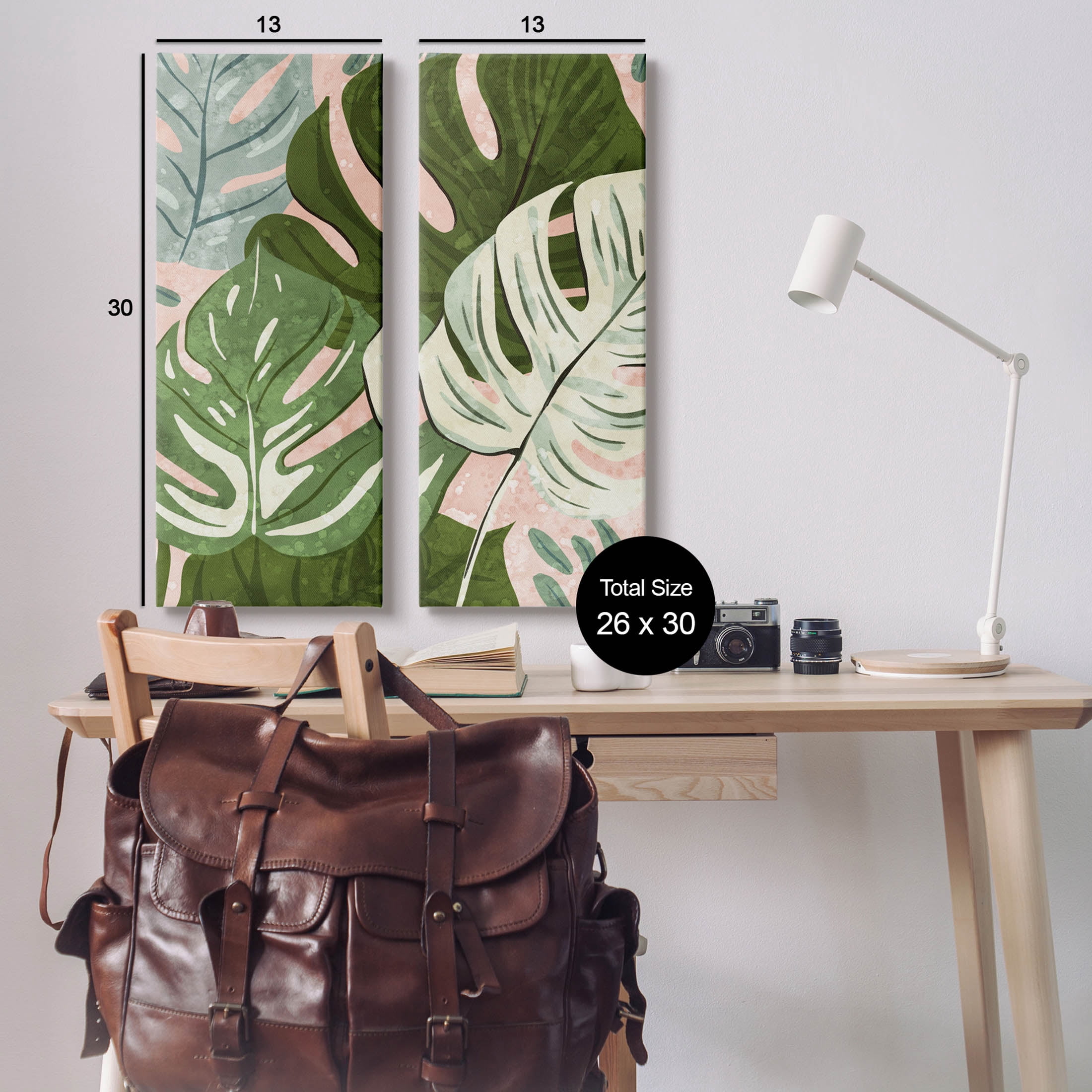 Modern Layered Monstera Leaves Botanical & Floral Graphic Art Gallery Wrapped Canvas Print Wall Art, Set of 2