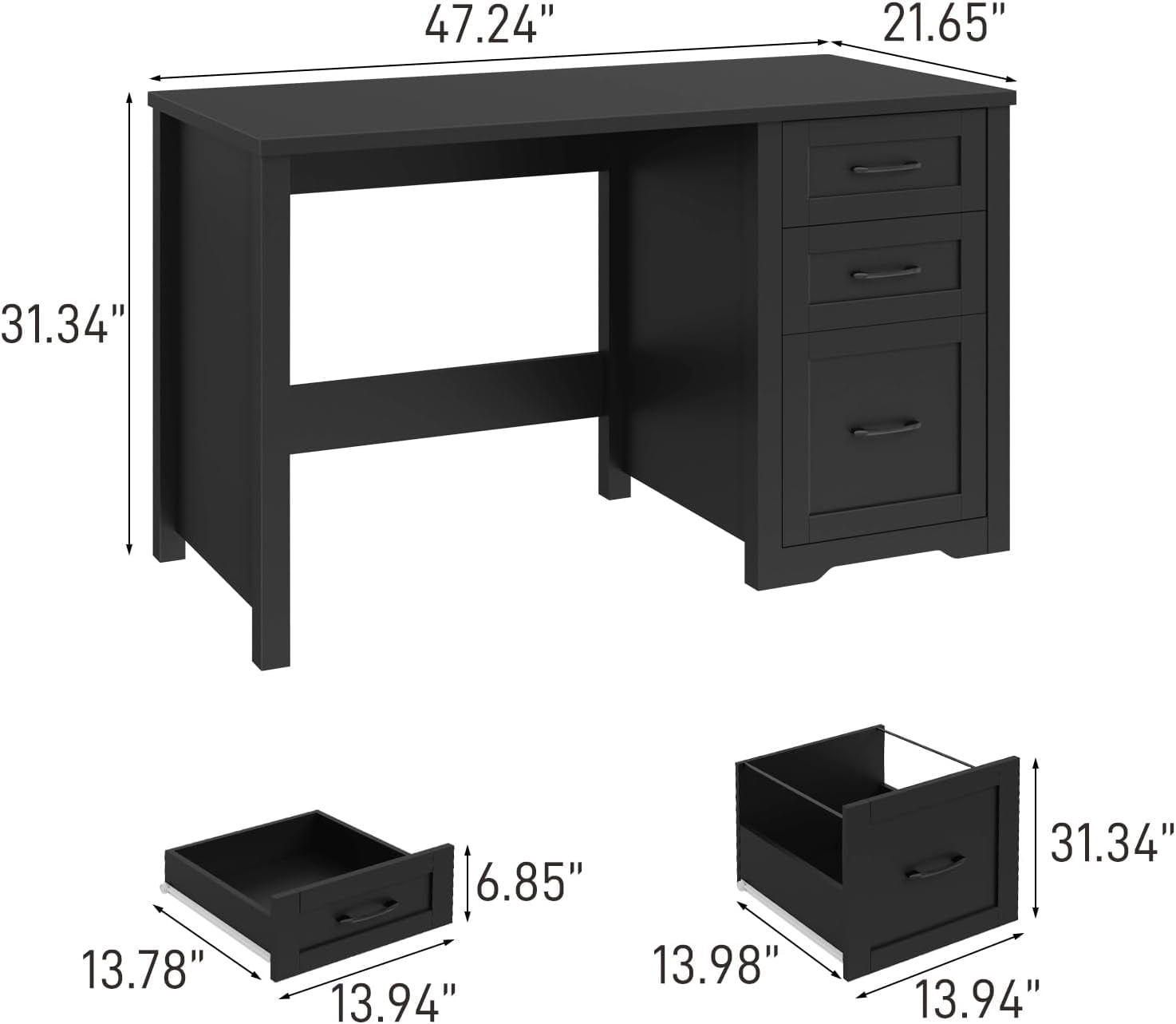 47-Inch Farmhouse Executive Desk with File Drawer and 2 Storage Drawers, Black Computer Workstation for Home Office