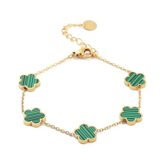 Flower Resin Imitation Gemstone Link Chain Bracelets Golden Tone 304 Stainless Steel Cable Chain Bracelets for Women Green 6-1/4~6-3/8 inch(15.9~16.3cm)