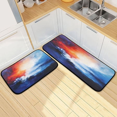 Ryvnso Blue and Orange Marble Kitchen Rugs Set Non Slip Runner Mats for Dining Room