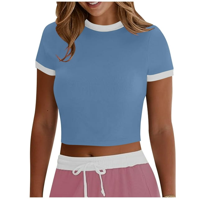 Plebaso Hauts Courts pour Femmes Manches Courtes Col Rond T-Shirts Ajustés Décontractés Mignons T-Shirts Basiques pour Femmes 2025