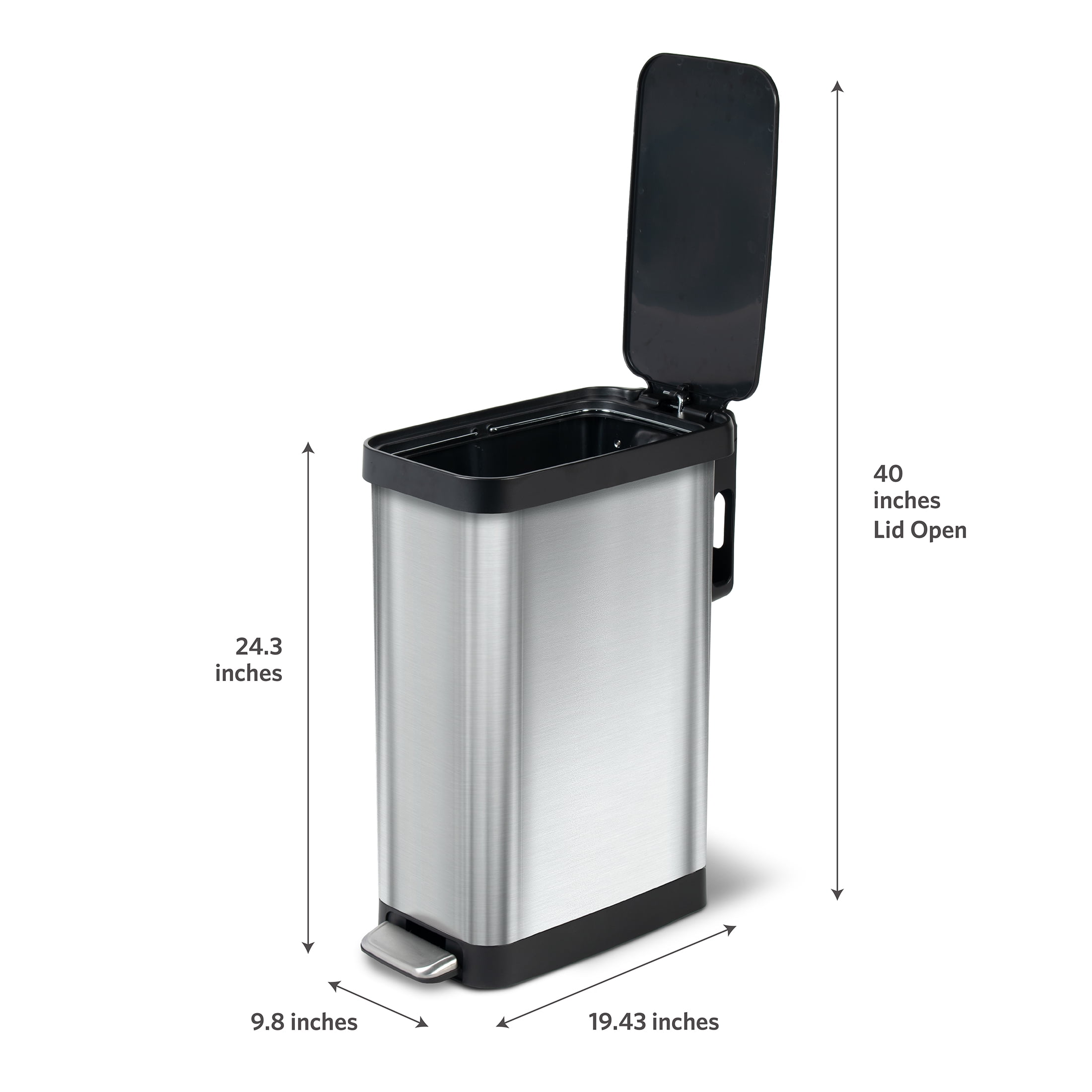 Glad Kitchen Trash Can, 12 Gallon Stainless Steel Slim Step Garbage Bin with Black Lid, Silver