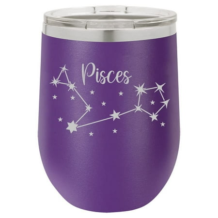 

12 oz Double Wall Vacuum Insulated Stainless Steel Stemless Wine Tumbler Glass Coffee Travel Mug With Lid Horoscope Constellation (Purple) (Pisces)