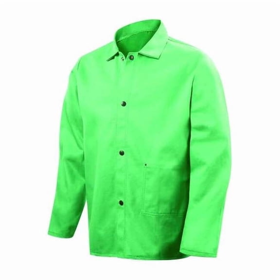 Welding Jacket, Cotton, 12 oz, 30 in Length, Snaps Closure, 2 Pockets, Green, L