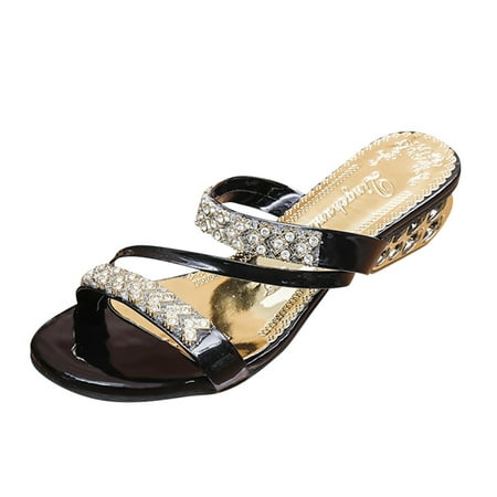 

TOYFUNNY Womens One Word Fish Mouth Rhinestone Chunky Heel Sandals