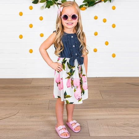 

Leutsin Toddler Baby Girls Sleeveless lemon Peach Print Dress Splice Denim Dresses