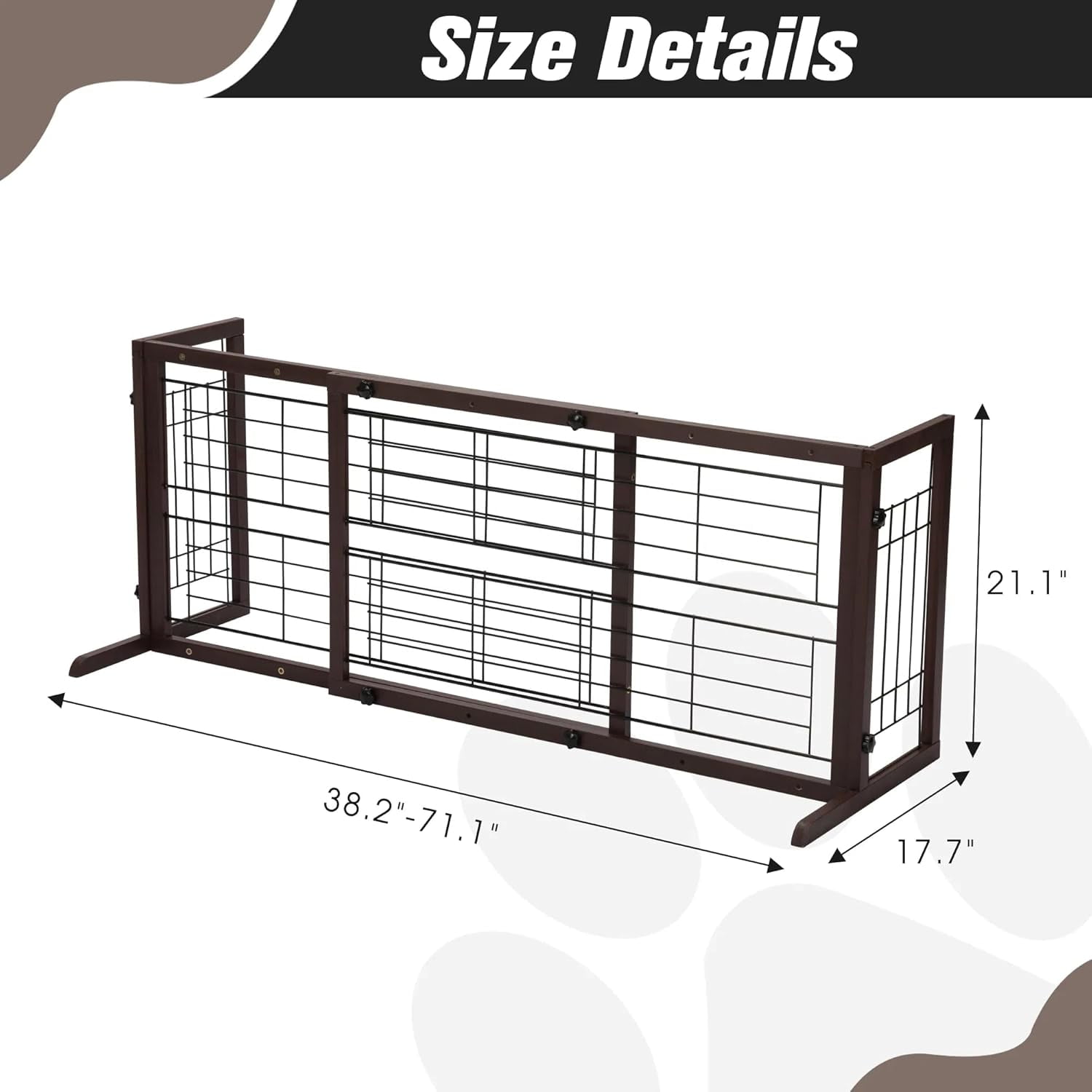 PUPIX Adjustable Wooden Pet Gate for Dogs Indoor Freestanding Dog Gate Fence for Doorways Stairs Hallways Expandable Solid Wood Dog Barrier 38 to 71 Inches Deep Brown
