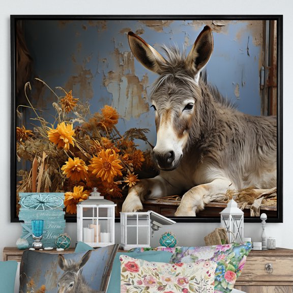 Designart "Flower Charm of Farmhouse Donkeys I" Animals Framed Wall Art - Modern Farmhouse Grey Donkey Living Room Framed Canvas Art