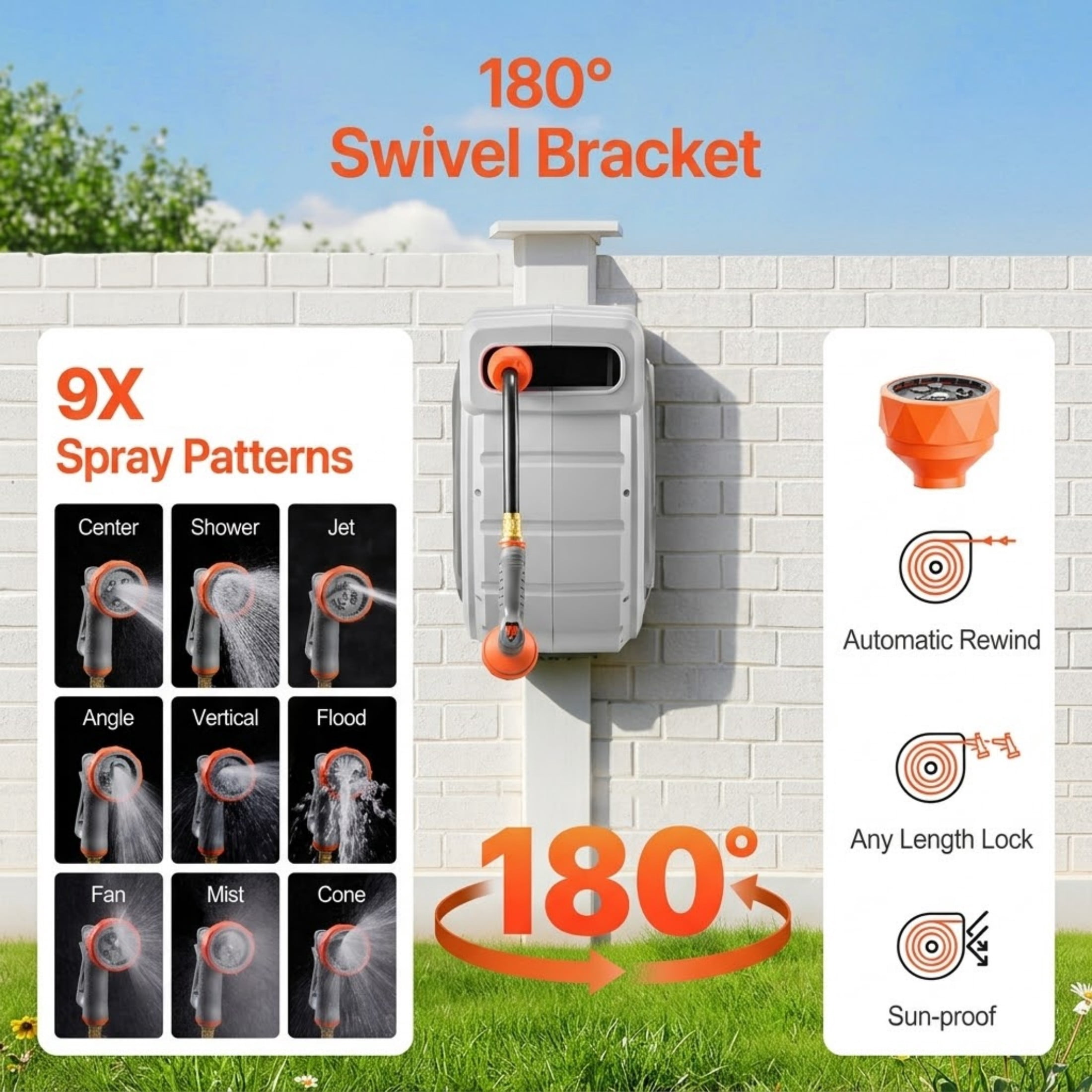 1/2" x 145 ft Retractable Garden Hose Reel, Wall Mounted Heavy Duty Hose Reel with 9-Pattern Nozzle & 180° Swivel
