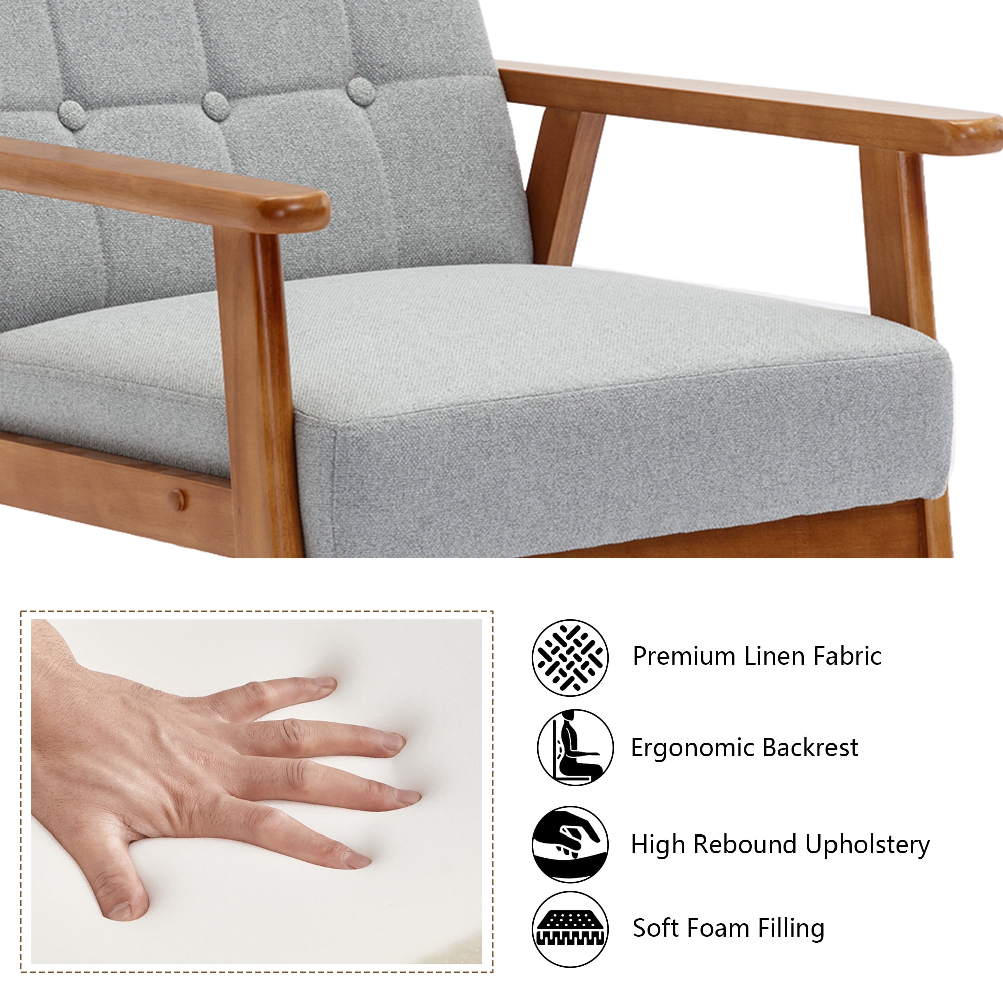 Ufurpie Mid Century Modern Armchair with Wood Frame,Linen Fabric Comfy Reading Chair,Accent Chair for Living Room Bedroom,Light Gray