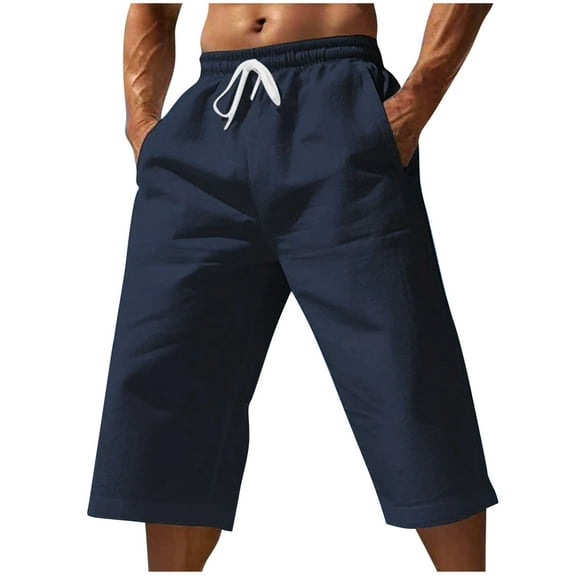Mens Wide Leg Capri Pants Solid Casual Drawstring Summer Capris with Pockets Loose Fit Baggy Lounge Pants for Beach