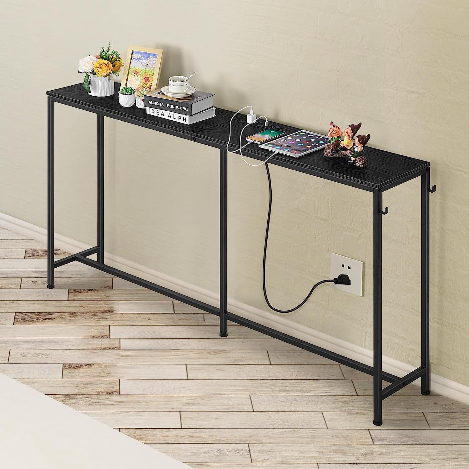 Long Narrow Console Table with Charging Station, Black