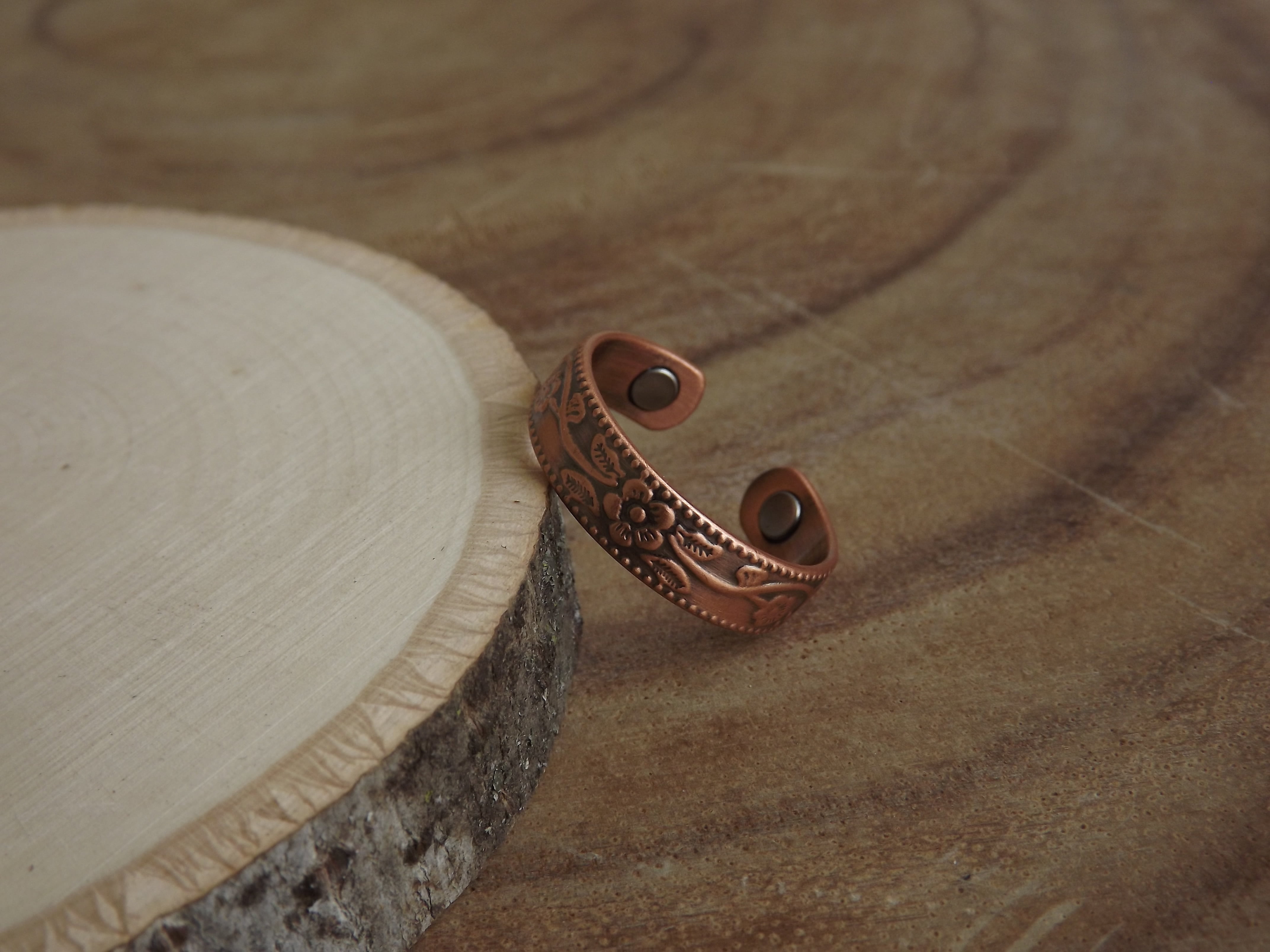 Flowers Magnetic Copper Bangle And Matching Magnetic Copper Ring Set of 2 Pieces For Men And Women