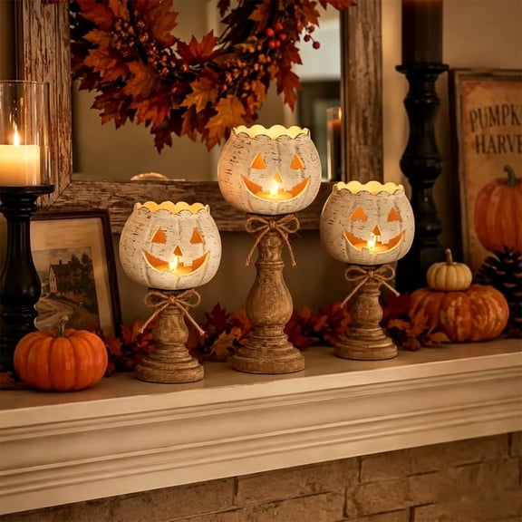 Rustic White Pumpkin Tealight Candle Holder Set, Farmhouse Halloween Pumpkin Tea Light Candle Holders Decor, Fall Tables Centerpieces for Thanksgiving & Halloween Party