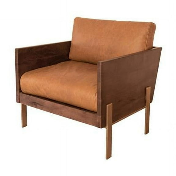 31 in. Top Grain Leather Arm Chair, Carmel Brown & Gold