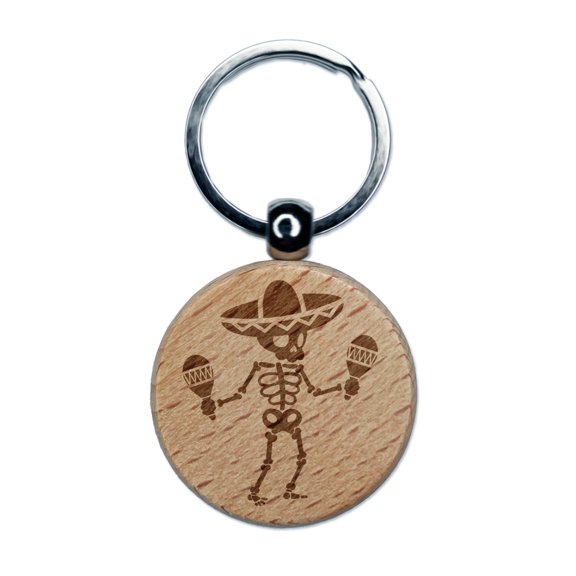 Day of Dead Skeleton with Sombrero and Maracas Round Keychain Charm Tag - Engraved Wood