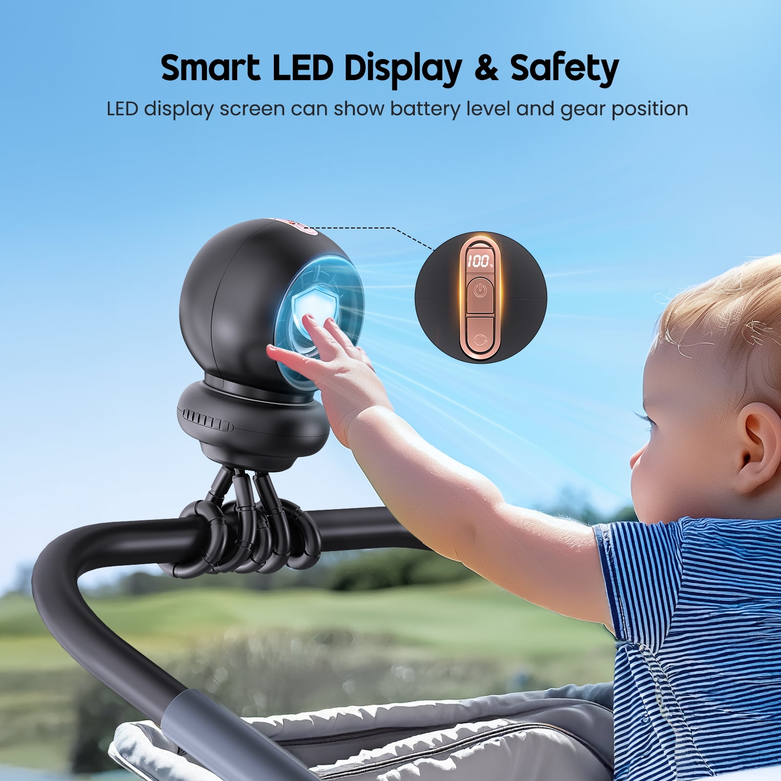 WITHOUSE Battery Operated Stroller Fan Large ,8000mAh Rechargeable Fan,  75° Auto Oscillation Portable Fan for Stroller, 4 Speeds with Natural Wind,5-12H Runtime, Detachable Base & LED Display