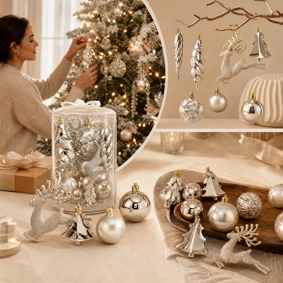 LOWLHOME Christmas Ornament Set Assorted Hanging Baubles Gift Box Variety Shaped Tree Decorations For Holiday Party