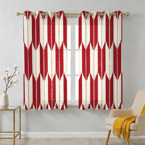 Red Beige Arrow Sheer Curtains 45 Inch Long 2 Panels, Abstract Japanese Red Beige Arrow Light Filtering Semi Sheer Drapes Grommet Voile Window Curtain for Living Bedroom W42 x L45