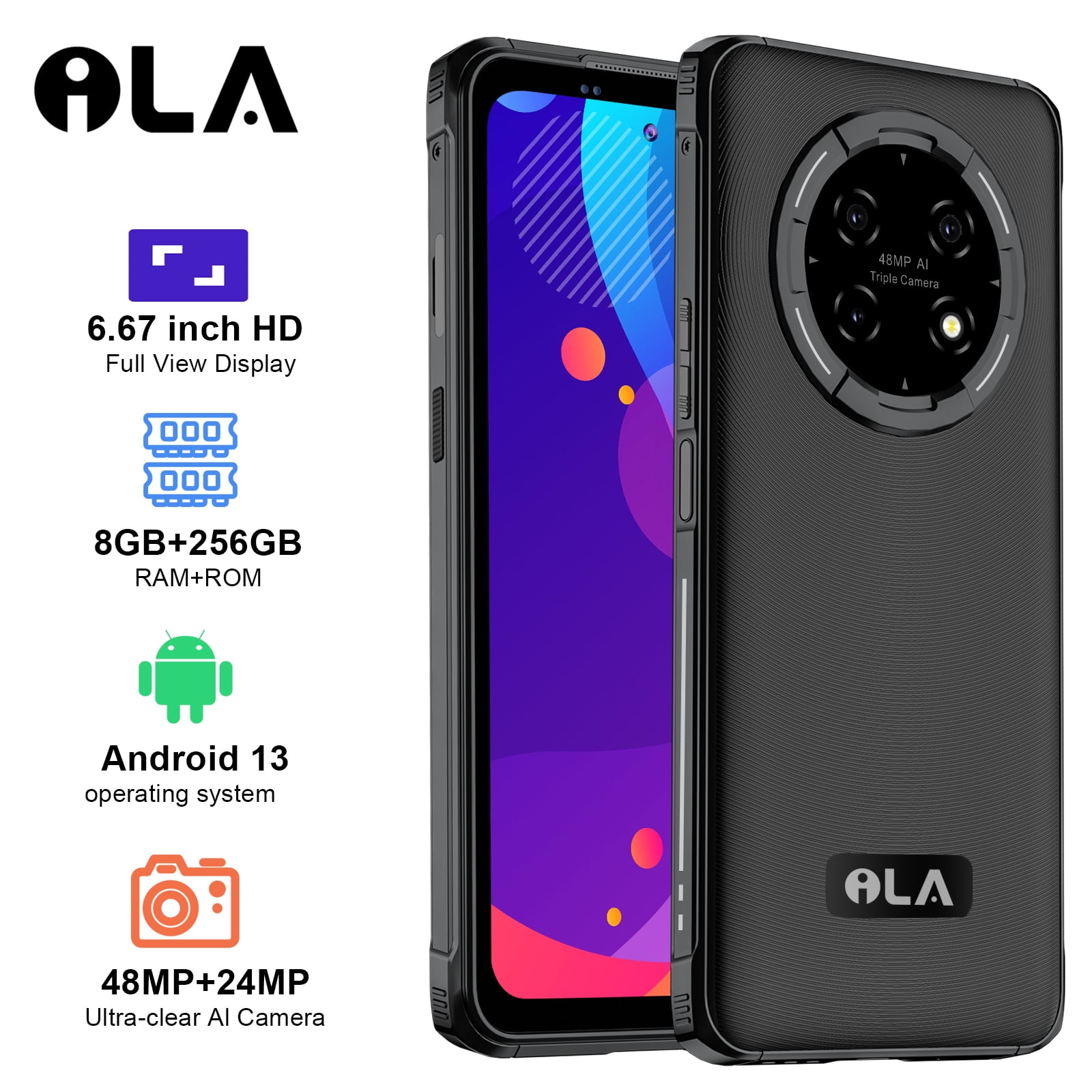 Rugged Smartphone, Android 13 Phone With 8GB+256GB SD Mobile Phones,6.67 Inch Smartphone 48MP+24MP 5000mAH Battery Outdoor Rugged Smartphone