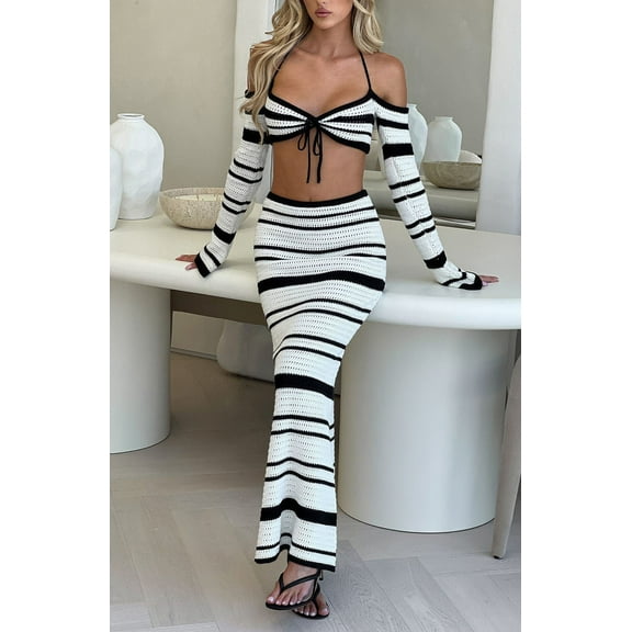 Coastal Chic Crochet Top and Skirt Set (S, White)