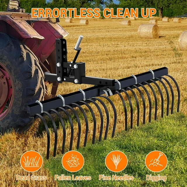 GloryStar 60" ATV/UTV/Tractor Landscape Rake with 20 Premium Steel Tines, Quick Clearing of Rocks and Debris