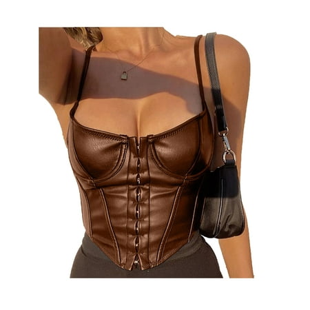

Women s Corset Low-cut Bustier Sling PU Crop Top Punk Rock Style Vest Streetwear Party Bralette