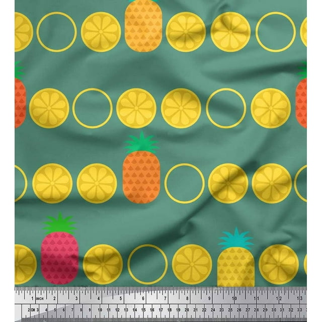 Soimoi Green Poly Georgette Fabric Pine & Lemon Slices Fruits Printed Fabric 1 Yard 42 Inch Wide