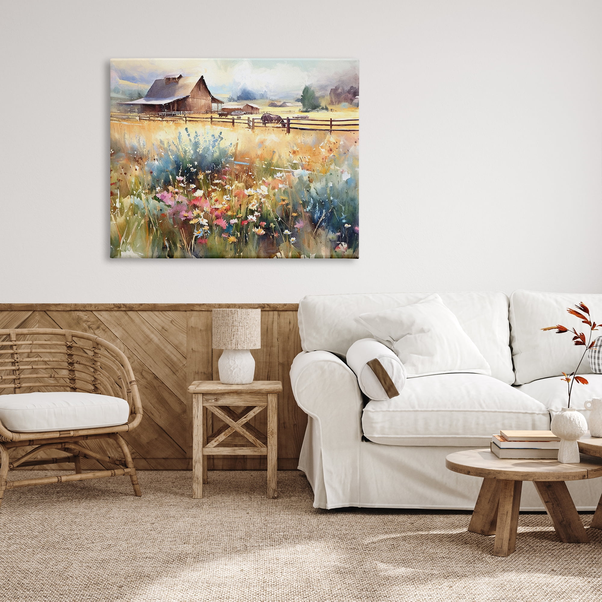 Stupell Industries Horse in Farmhouse Meadow Landscape Painting Gallery Wrapped Canvas Art Print Wall Art, 48 x 36