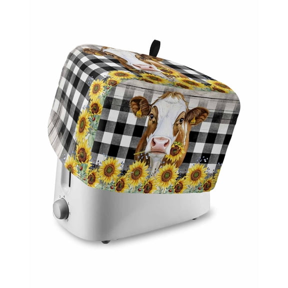 Farmhouse Cow Small Toaster Cover 2 Slice, Kitchen Appliance Covers, Vintage Country Sunflower Black Buffalo Plaid Toaster Oven Cover with Loop, Bread Machine Cover Polyester Dust Cover Protection