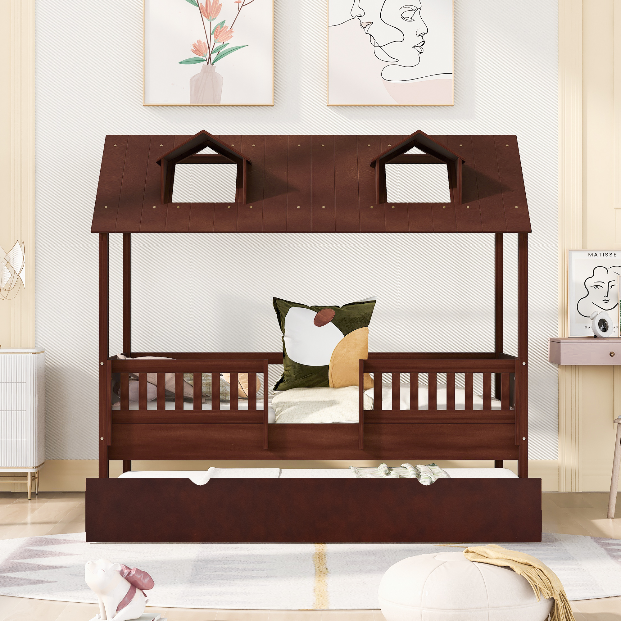 Wooden Tent Bed with Roof and Twin Size Trundle Design for Toddlers