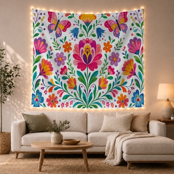 Symmetrical Folk Art Floral Arrangement on White Background, Whimsical Illustration for Decor Enthusiasts, Botanical Wall Art, Housewarming Gift Tapestry Wall Hanging for Bedroom and Living Room