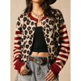 thumbnail image 4 of Women's Leopard Print Striped Patchwork Button Front Cropped Knit Cardigan Red S, 4 of 10